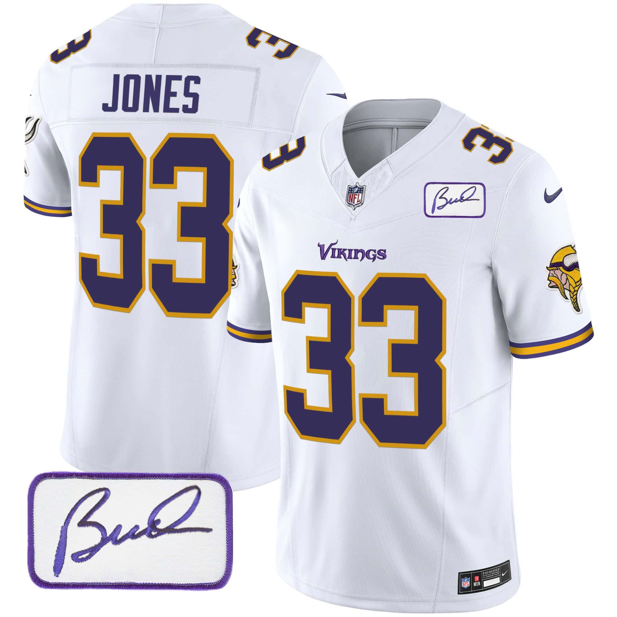 Men Minnesota Vikings 33 Jones White 2024 Nike Bud Grant Patch Classic Limited NFL Jersey
